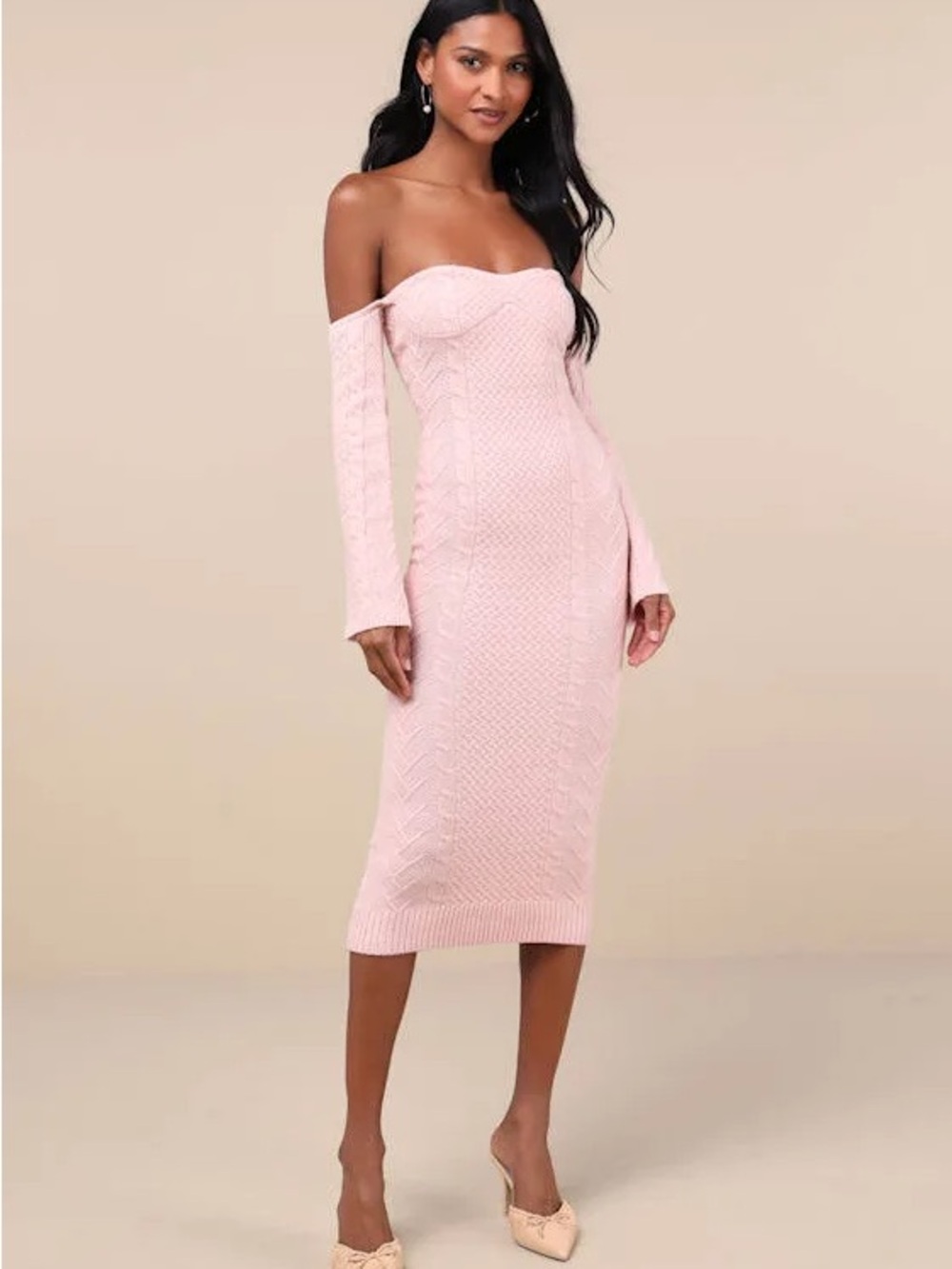 NWT Lulu's Soft Blush Pink Cable-Knit Sweater Dress - Picture 1 of 7